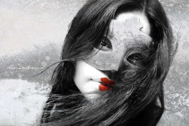 Woman with Red Lips — Black, Dramatic, Digital Art, Mask