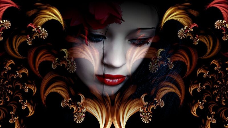 Woman with Red Lips — Black, Dramatic, Digital Art, Red Flower
