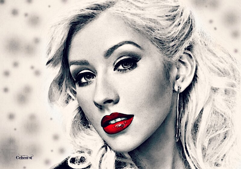 Woman with Red Lips — Black, Dramatic, Digital Art, Red Lipstick, Earring