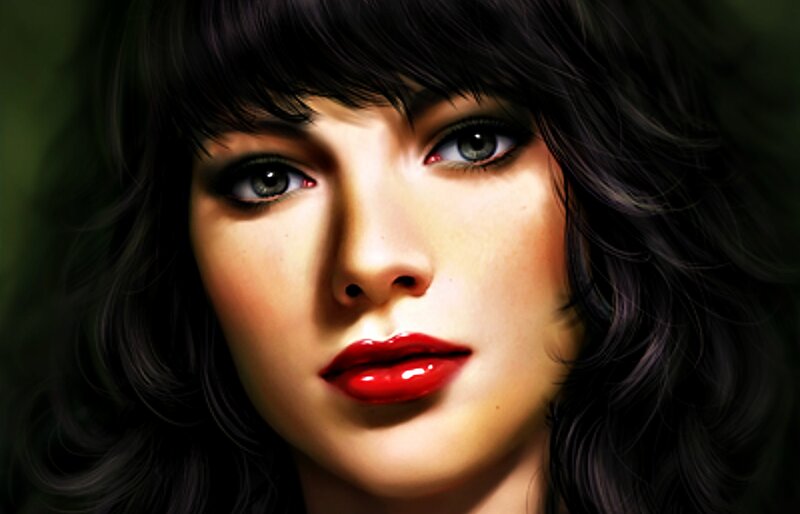 Woman with Red Lips — Black, Dramatic, Digital Art, Red Lipstick