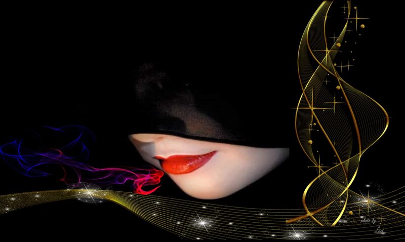 Woman with Red Lips — Black, Dramatic, Digital Art, Smoke