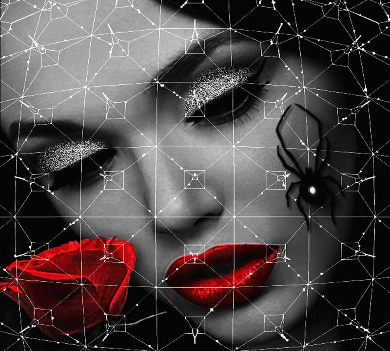 Woman with Red Lips — Black, Dramatic, Digital Art, Spider, Rose