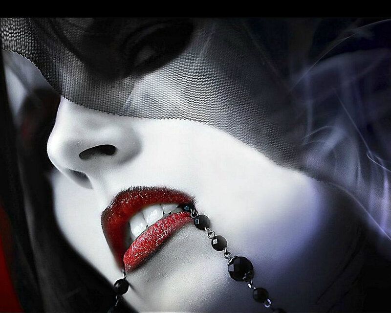 Woman with Red Lips — Black, Dramatic, Digital Art, Veil