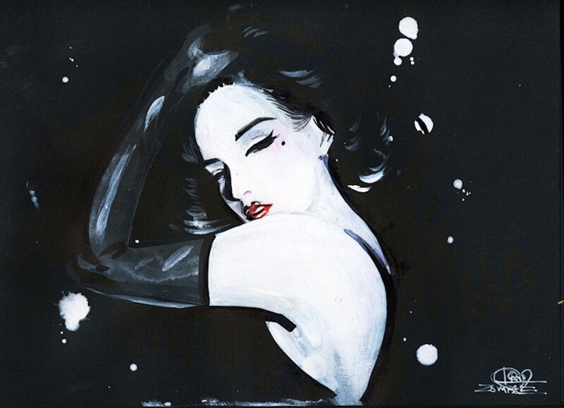 Woman with Red Lips — Black, Dramatic, Painting