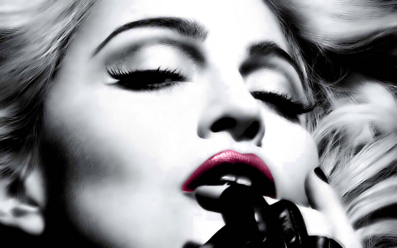 Woman with Red Lips — Black, Dramatic, Photograph, Blonde Hair