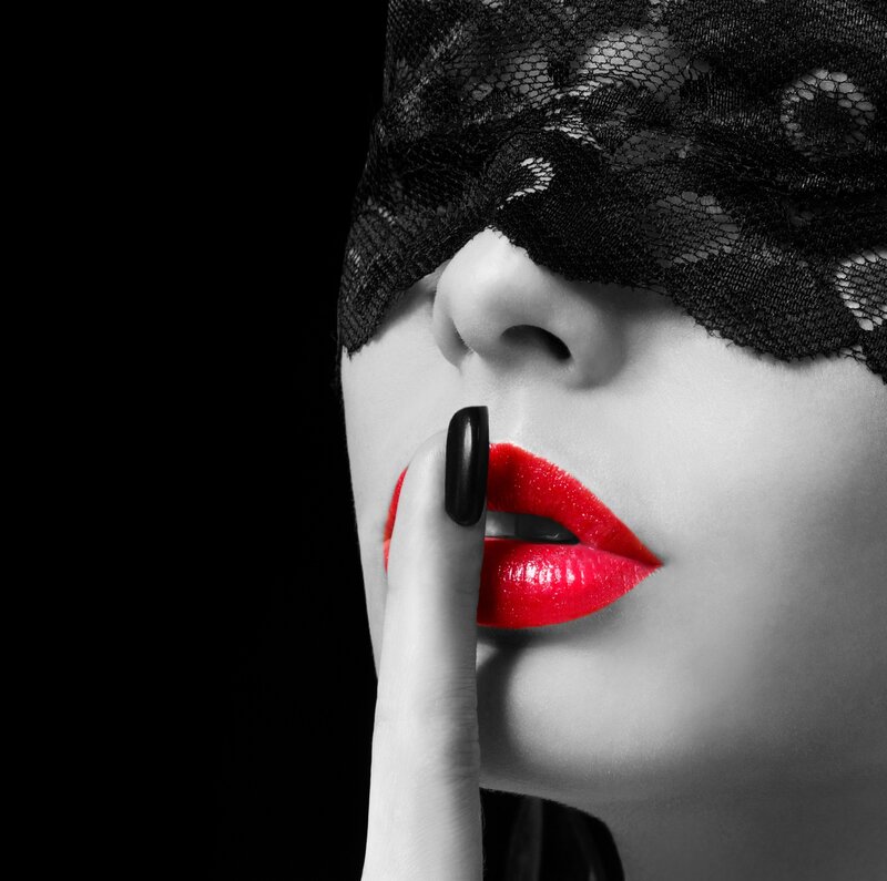 Woman with Red Lips — Black, Dramatic, Photograph, Finger, Lace Mask