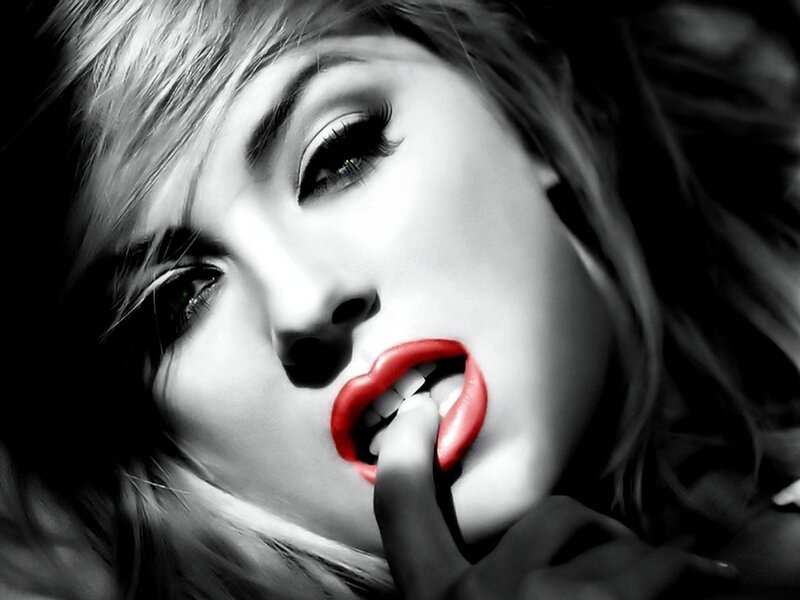 Woman with Red Lips — Black, Dramatic, Photograph, Finger
