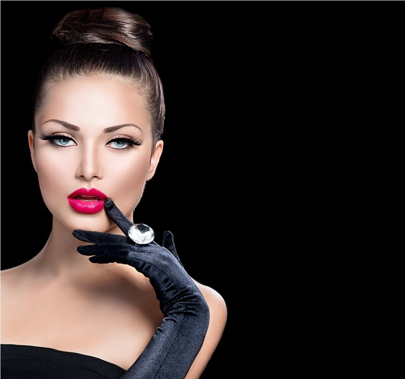 Woman with Red Lips — Black, Dramatic, Photograph, Gloves, Makeup