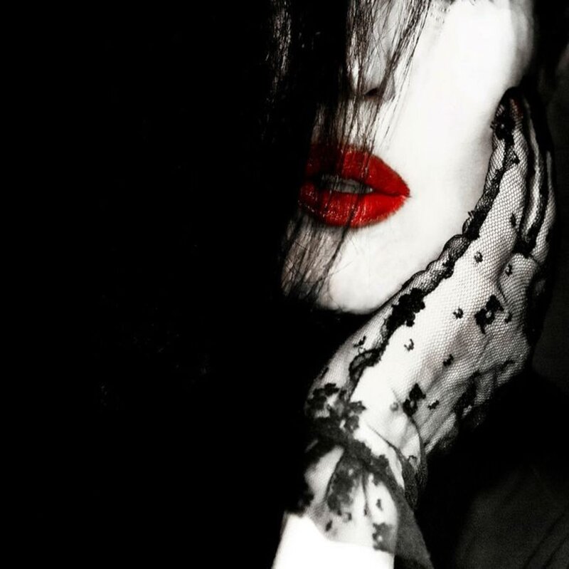 Woman with Red Lips — Black, Dramatic, Photograph, Hand