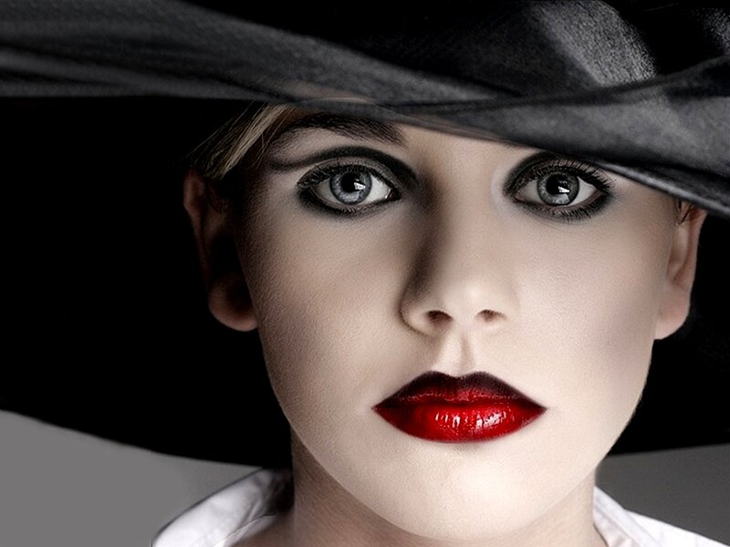 Woman with Red Lips — Black, Dramatic, Photograph, Hat, Makeup