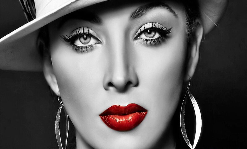 Woman with Red Lips — Black, Dramatic, Photograph, Hat