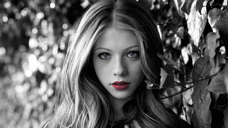 Woman with Red Lips — Black, Dramatic, Photograph, Leaves