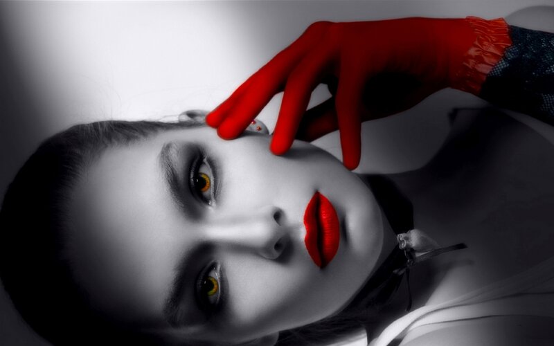 Woman with Red Lips — Black, Dramatic, Photograph, Red Gloves, Yellow Eyes