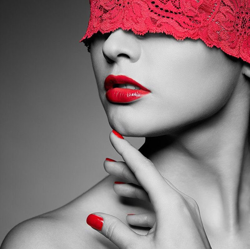 Woman with Red Lips — Black, Dramatic, Photograph, Red Lace