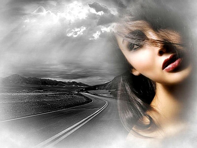 Woman with Red Lips — Black, Dramatic, Photograph, Road