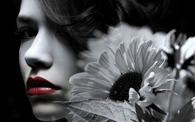 Woman with Red Lips — Black, Dramatic, Photograph, Sunflower