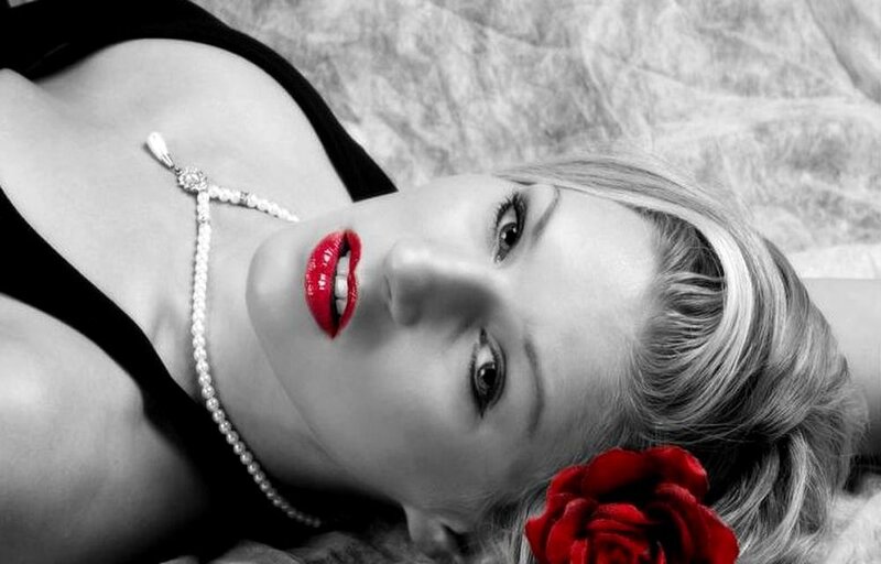 Woman with Red Lips — Black, Dramatic, Photograph