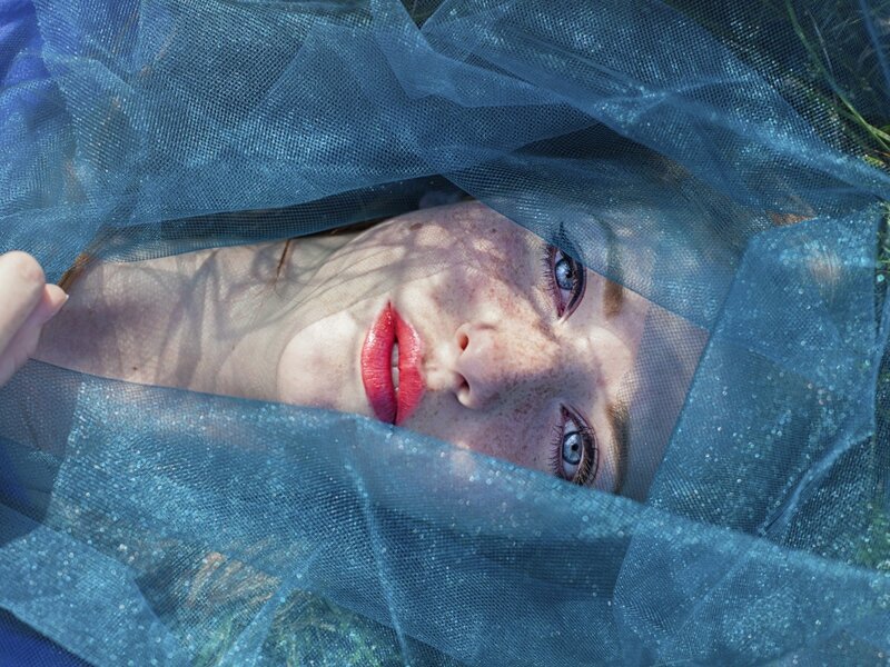 Woman with Red Lips — Blue, Dramatic, Afternoon