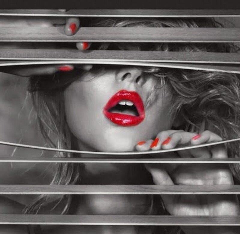 Woman with Red Lips — Dramatic, Photograph, Blinds