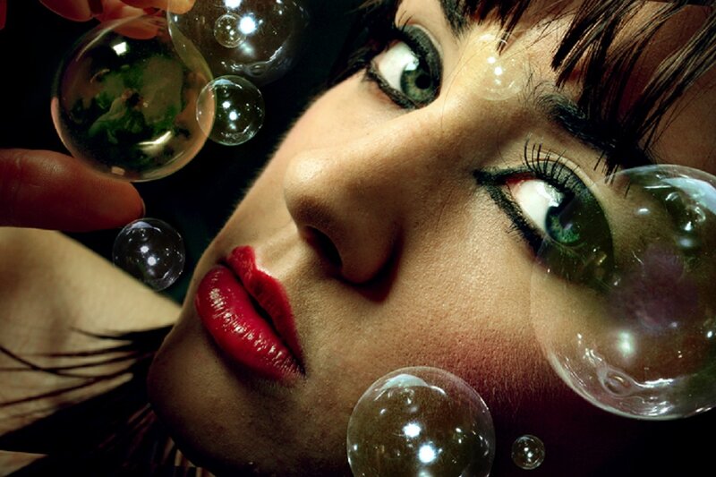Woman with Red Lips — Dramatic, Photograph, Bubbles
