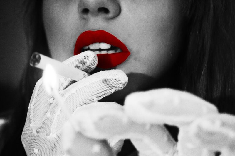 Woman with Red Lips — Dramatic, Photograph, Cigarette