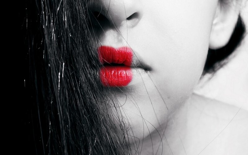 Woman with Red Lips — Dramatic, Photograph, Hair, Black