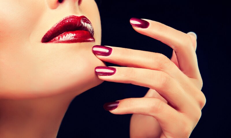 Woman with Red Lips — Dramatic, Photograph, Hand, Nail Polish