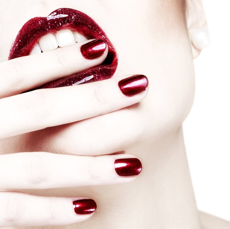 Woman with Red Lips — Dramatic, Photograph, Hand, Pearl Earring