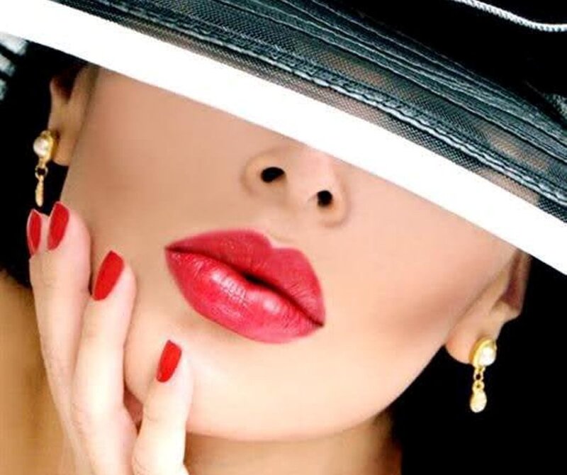 Woman with Red Lips — Dramatic, Photograph, Hat, Earrings