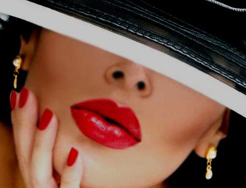 Woman with Red Lips — Dramatic, Photograph, Hat