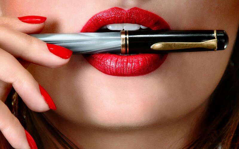 Woman with Red Lips — Dramatic, Photograph, Pen