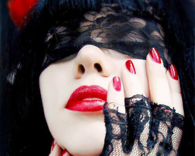 Woman with Red Lips — Dramatic, Photograph, Red Lipstick, Black Lace Mask