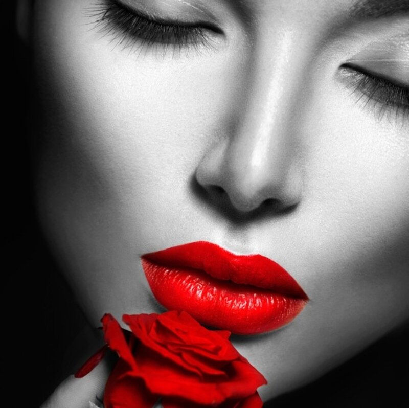 Woman with Red Lips — Dramatic, Photograph, Rose