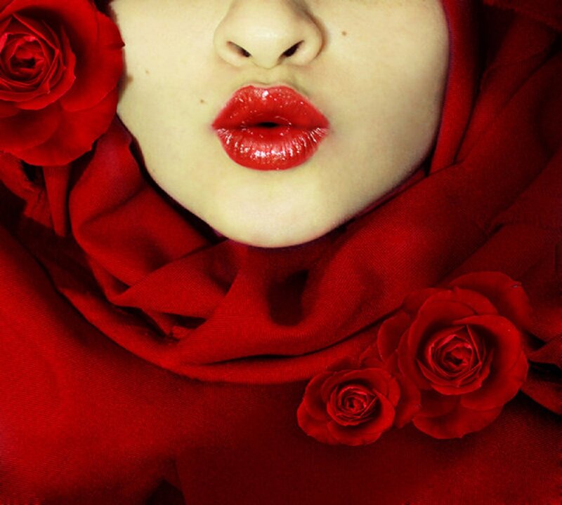 Woman with Red Lips — Dramatic, Photograph, Roses