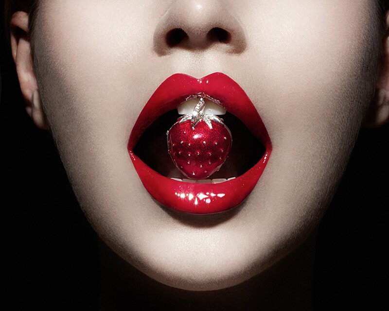 Woman with Red Lips — Dramatic, Photograph, Strawberry