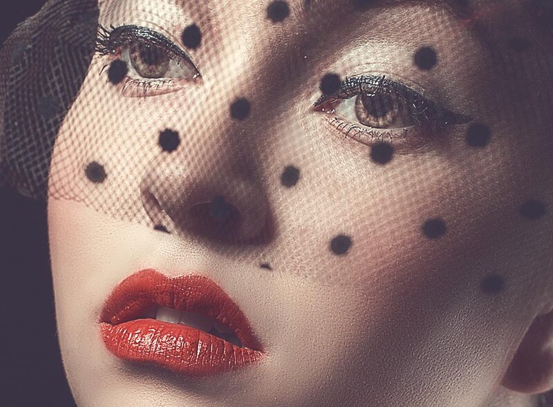 Woman with Red Lips — Dramatic, Photograph, Veil