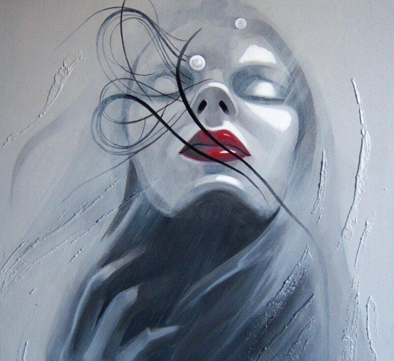 Woman with Red Lips — Gray, Dramatic, Painting