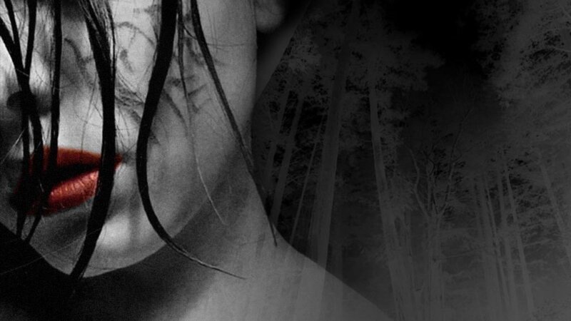 woman with red lips in forest
