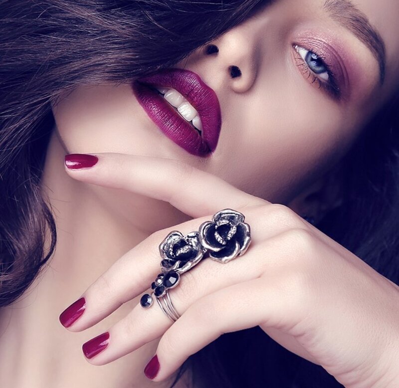 Woman with Red Lips — Purple, Dramatic, Photograph