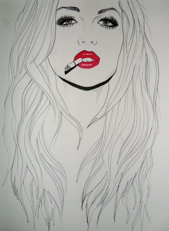 woman with red lips smoking