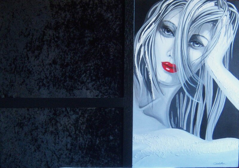 Woman with Red Lips — White, Dramatic, Illustration, Painting