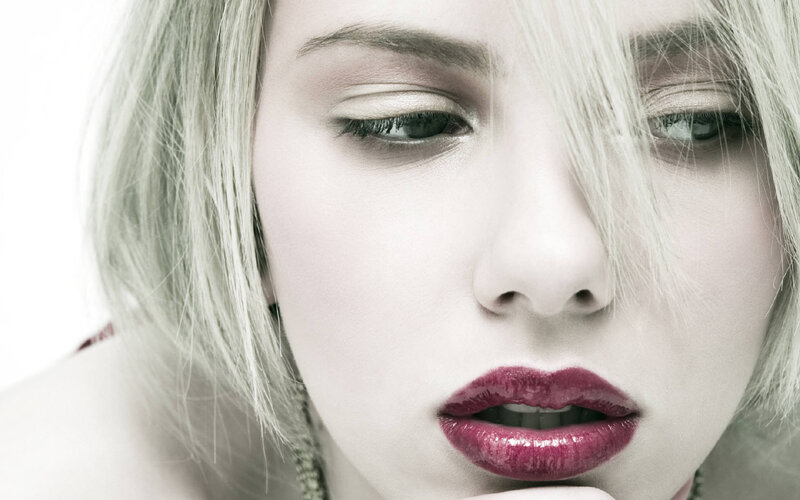 Woman with Red Lips — White, Dramatic, Photograph, Blonde Hair, Makeup, Lipstick
