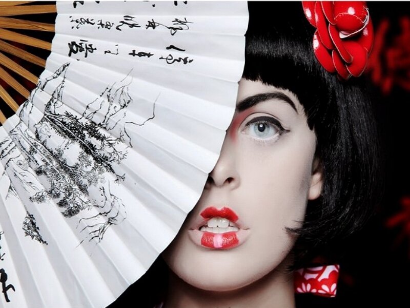 Woman with Red Lips — White, Dramatic, Photograph, Fan