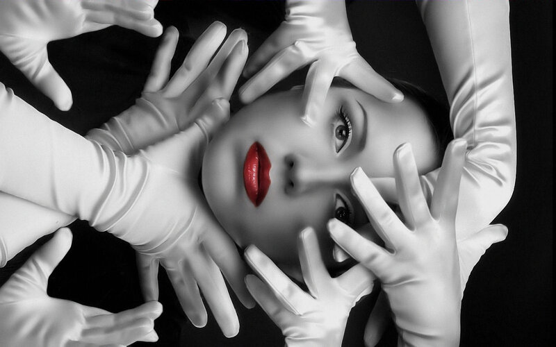 Woman with Red Lips — White, Dramatic, Photograph, Gloved Hands