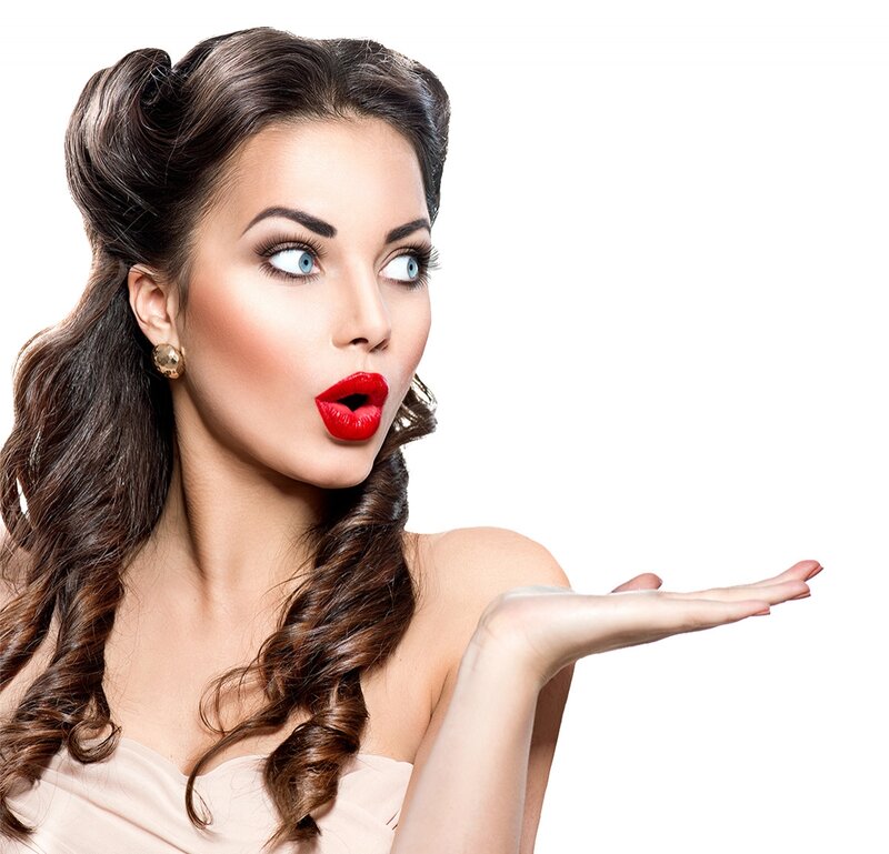 Woman with Red Lips — White, Dramatic, Photograph, Red Lipstick, Gold Earring