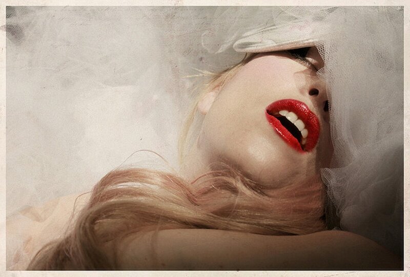 Woman with Red Lips — White, Dramatic, Photograph, Veil