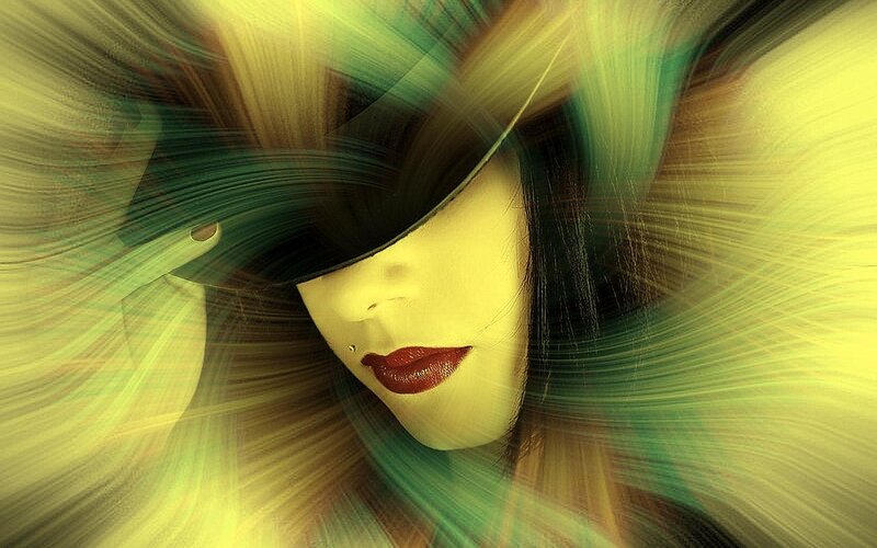 Woman with Red Lips — Yellow, Dramatic, Digital Art