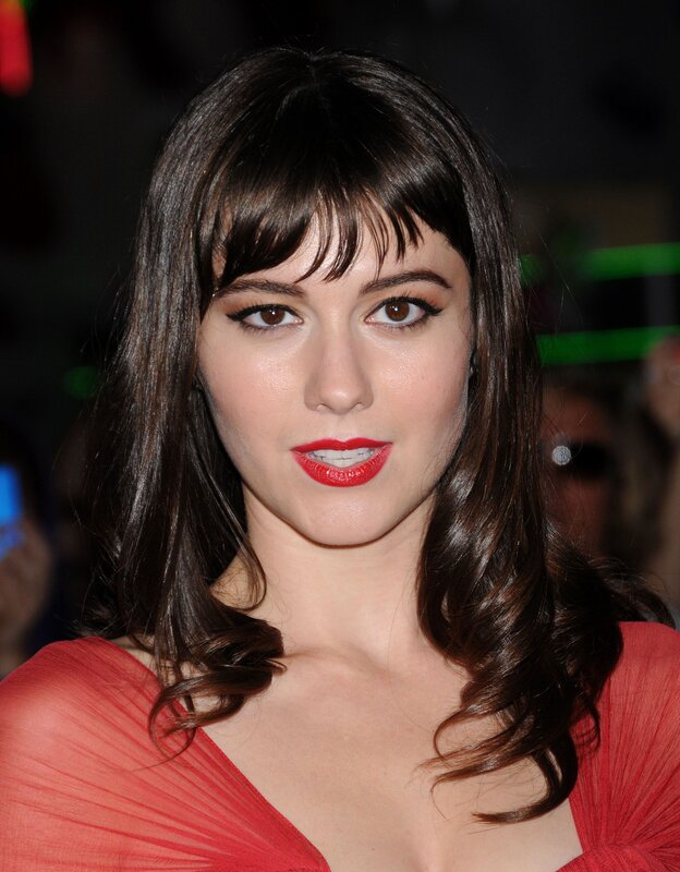 woman with red lipstick and bangs