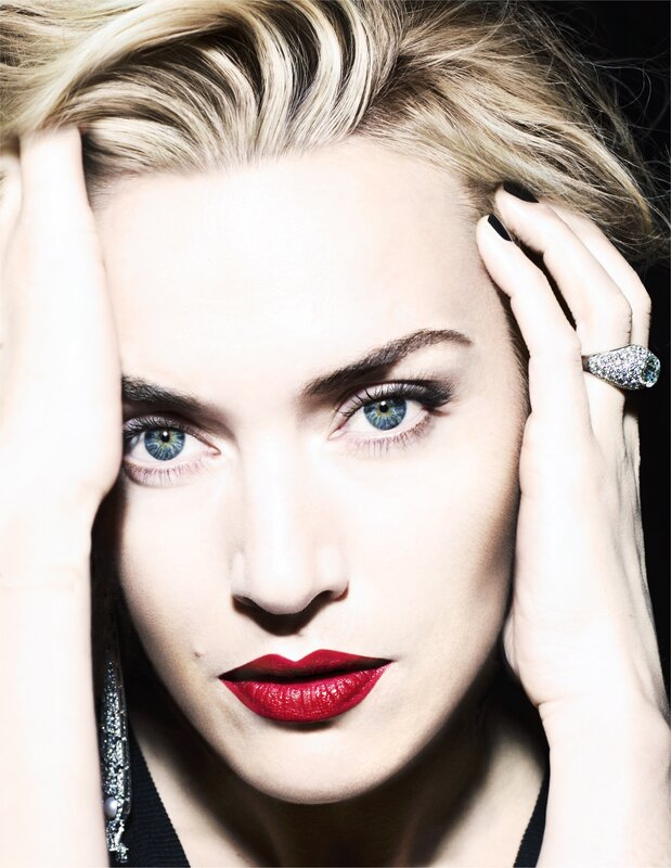 woman with red lipstick and blue eyes