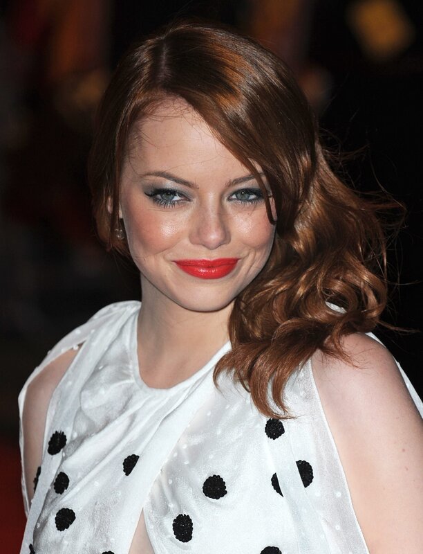 woman with red lipstick and polka dot dress